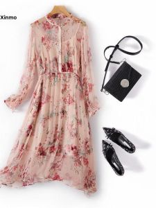 XMO | Elegant Pink Floral Print A-Line Silk Dress