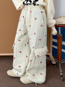 กางเกงขายาวผ้าฝ้ายผูกโบว์ลายผีเสื้อฤดูหนาวสำหรับเด็กผู้หญิง กางเกงขายาวลำลองสำหรับใส่ไปทำงาน เสื้อผ้าทำงานสไตล์เกาหลี