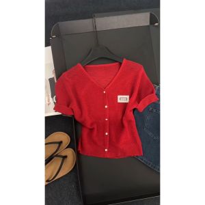 Korean Style Dopaamine Anti-Aging Thin Short Sleeve T-Shirt Womens Summer New Simple V-Neck Correct Shoulder Slimming Top