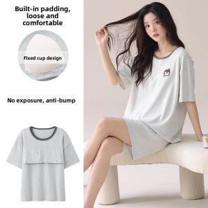 MiiOW | Pure Cotton Sleepwear Womens Round Neck Home Clothes Set With Chest Pad Short Sleeve Summer New Style Simple Design