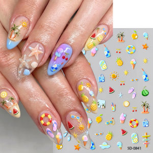 1Pcs 5D Summer Fruit Starfish Swim Ring Nail Stickers Cartoon Flip Flops Sunglasses Soft Drink Nails Decals Beach Manicure Decor