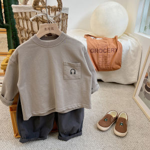 Basic Versatile~ Autumn Wear Korean Style Kids T-Shirt round Neck Print Cotton Long Sleeve Baby Boys Girls Fashionable Top