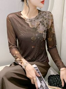 Retro Floral Print Mesh Top Womens Long Sleeve T-Shirt Spring 2024 Fashion Sensation Base Layer Shirt Street Style Slim Fit
