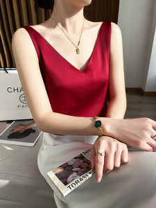 เสื้อกั๊กผ้าไหมน้ำแข็งคอวีหลวมๆ สำหรับผู้หญิงในช่วงฤดูร้อน เสื้อชั้นในสีพื้น เสื้อคลุมกันหนาวแบบสวมไหล่แบบลำลอง