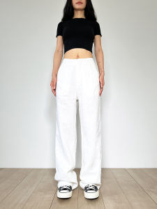 กางเกงขายาวทรงหลวมเอวสูงผ้าลินินสไตล์ฝรั่งเศสย้อนยุคสำหรับผู้หญิง กางเกงขายาวทรงหลวมสบายๆ สำหรับฤดูร้อน ฤดูใบไม้ผลิ ฤดูใบไม้ร่วง