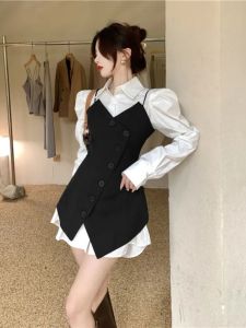 Elegant Two-Piece Set Womens Spring Autumn New Fashion White Shirt Design Sensation Suit Strapless Vest Polyester Long Sleeve Polo Collar