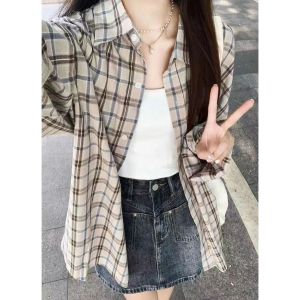 Blue Plaid Shirt Womens Spring Autumn Long Sleeve Casual Loose Fit Inner Wear Layering Design Base Lazy Style Polo Collar