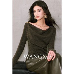 WANGXO | Áo Blouse Lông Cừu Dệt Kim Lấp Lánh Form Rộng Cổ Xệ Nếp Nhăn Ép Eo Hem Chéo