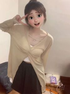 Áo Thun Chống Nắng Tay Dài Hai Mặt Mỏng Thiết Kế Mùa Hè Cho Nữ Áo Khoác Điều Hòa Không Khí Cổ Chữ V Màu Trơn Ôm Vừa Vặn