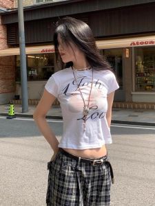Hong Kong Style Retro Letter Print Slim Fit Short Sleeve T-Shirt Womens Summer New Sweet And Spicy Girl Top round Neck Short Length