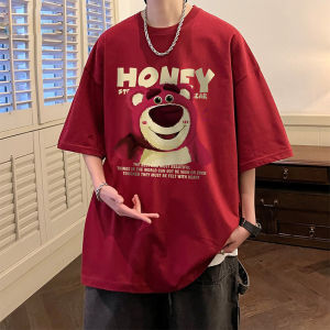 Strawberry Bear Short Sleeve T-Shirt Boys Style Summer American Clothes Loose Heavy Weight Cotton Fashion Brand Plus Size Red Half Sleeve