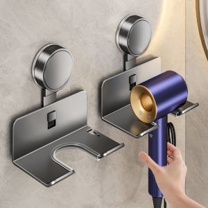 Bathroom Hair Dryer Holder With Suction Cup No Drill Wall Mounted Blower Socket Organizer Hanger Carbon Steel Black Gray