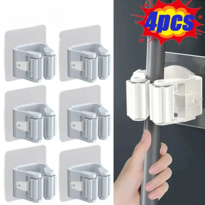 4pcs Easy-Install Wall-Mounted Mop & Broom Holder - Strong Adhesive No-Drill Storage Rack for Home Organization