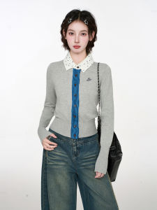 BAIDAIFEI | Gray Polo Neck Fake Two-piece Knit Top