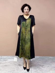 ชุดเดรสผ้าไหมแท้ชุดคุณแม่วัยกลางคนชุดเดรสลายดอกพรางหน้าท้องไซส์ใหญ่ทรงหลวมแบบปะต่อสีตัดกันแนววินเทจสง่างามสำหรับผู้หญิง
