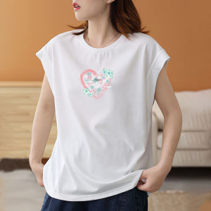 เสื้อยืดคอกลมแขนกุดผ้าฝ้ายแท้ฤดูร้อนใหม่ เสื้อยืดหลวมๆ สไตล์ลำลองสำหรับผู้หญิง เสื้อแขนสั้นทรงหลวมๆ ที่สวมใส่สบาย