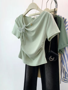 YIFENGXIN | Green Butterfly Straight Shoulder Asymmetric Short Sleeve T-Shirt