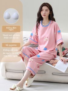 Bộ Đồ Ngủ Cotton Nguyên Chất Mùa Hè Mỏng Có Đệm Ngực Áo Chui Đầu Cổ Tròn in Họa Tiết Hoạt Hình Quần Dài Tám Điểm Áo Khoác Ngoài