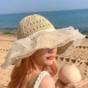 Womens Straw Hat Summer Sun Protection Beachside Hollow out Woven Cotton Jazz Cap Lace Trimted Outdoor Hat