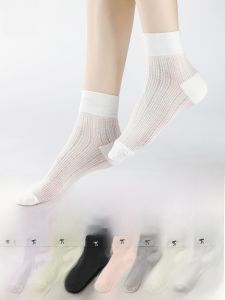 MiiOW | Womens Breathable Mesh Socks With Butterfly Knots White Cotton Ballet Style Short Socks Moisture Wicking Comfortable Summer Socks