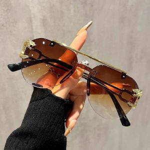 High-end Stylish Unframed Double-beam Anti-glare Sunglasses with Lion and Tiger Mirror Frames for A Bold High-impact Look