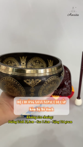 [Amrita] Bộ chuông xoay Nepal cao cấp họa tiết Mandala kèm mõ 12.8cm - Bộ Chuông Mõ Tụng Kinh - Mõ Đài Loan - CXNP73