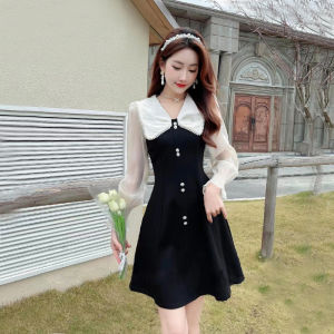 Elegant Black Mini Dress Womens Fashion Spring Clothing High Waist A-Line Silhouette Cotton Blend Long Sleeve Midi Dress