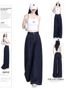 Quần Jeans Ống Rộng Kiểu Dáng Thẳng Cạp Cao Màu Xanh Đậm Phong Cách Mỹ MZVZ Quần Dài Ôm Dáng Mùa Hè Cỡ Lớn Cho Nữ