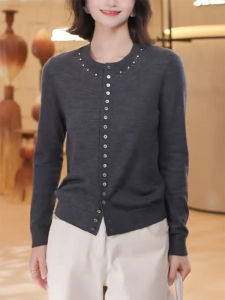 QINGNAER | Grey Beaded Round Collar Knit Cardigan Single Button
