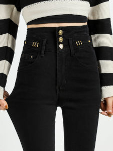 High Waist Black Elastic Denim Jeans Spring 2025 New Style Tight Fit Long Pants Three Button Design Cotton Stretch Denim