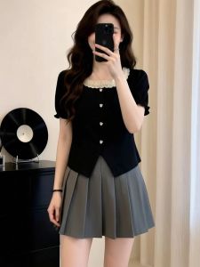 AIYITI | French Style Lace Black Short Sleeve T-Shirt