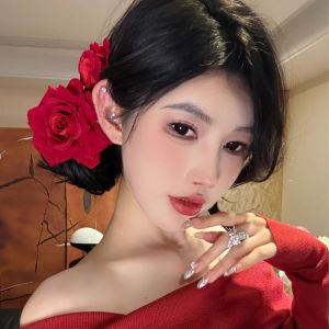 Caro Same Style Red Rose Barrettes Female Grip Side Duckbill Clip Sub Large Flower Fancy Headdress Flower