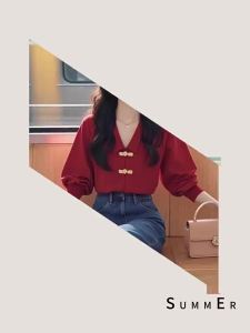 AMMIN 2024 Autumn new simple lapel vintage buckle Chinese red shirt womans new Chinese long sleeve lantern sleeve elegant blouse