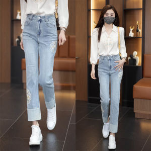 High Waist Straight Leg Jeans Womens New Chinese Style Embroidered Slim Fit Nine Tube Denim Pants Autumn Season Cotton Blend