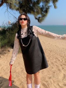 Váy Ngắn Mùa Xuân Thu Cỡ Lớn Dazi Butterfly Knot PU Da Váy Vest Nữ Phong Cách Mới 2025 Mùa Xuân Thu