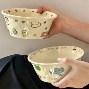 Cute Cartoon Graffiti Ceramic Bowl Heat Resistant Soup Rice Salad Home Dining Utensils round Shape Soft Healing Style Bowl