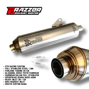silincer standard racing inlet 38/50mm full stainless steel original Brazzer exhaust universall semua jenis motor Nmax aerox pcx vario beat scoopy mio lexi Fazzio filano X-RIDE Xeon rc r15 vixion ninja 250 fi cbr150r cb150r cbr250rr mt25 mt15 xabre dll
