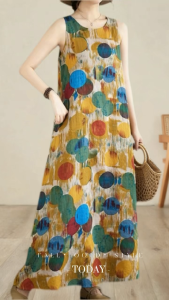 Korean Floral Maxi Dress Bohemia Vacation Plus Size  Sleeveless Summer Outfit Cami  Dress 2347