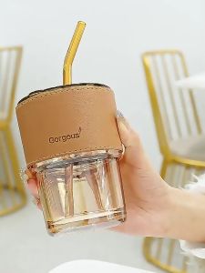 (HCM)Cốc thủy tinh Gorgous có nắp ống hút và bao da đi kèm - 450ml có 2 màu