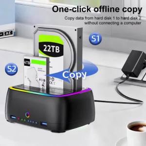 KEBIDU | Kebidumei Hard Drive Docking Station Offline Clone 5Gbps Dual-bay SATA Hard Disk Enclosure 2.5/3.5 In HDD/SSD RGB Lights Effects
