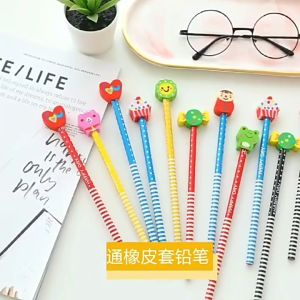 LILY&ADORA 1Pc Cartoon Pencil with Cute Eraser Childrens School Supplies Kwaii Rubber Head Pencils