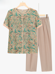 Middle-Aged and Elderly Womens Clothing Ladieswear Summer Wear Suit Grandma T-shirt Thin Old Short Sleeve Two-piece Set Mother-in-Law Wife Clothes