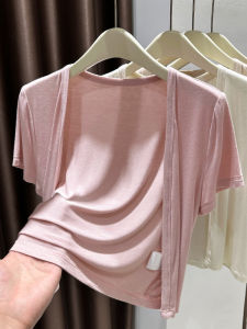 เสื้อคลุมกันแดดผ้าไหมน้ำแข็งโมดอลสำหรับผู้หญิงในช่วงฤดูร้อน เสื้อคลุมกันหนาวแบบบางแขนสั้น ผ้าคลุมกันหนาวแบบเปิดไหล่ ชุดคลุมกันหนาวแบบสวมเสื้อ