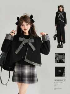 KEIKO | Bows Tie Short Tweed Coat Fall Two-piece Set