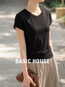 Basic House | Black Thin Tencel Round Collar Summer T-Shirt