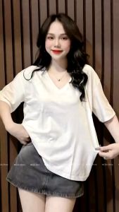 Áo thun cotton Thái nữ phom vừa cổ tim trơn ( Mã cotton Thái cổ tim )