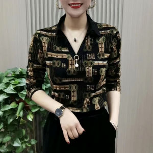 2023 New Arrival Spring and Autumn Fashion Elegant V Neck Pointed Collar Chicken Collar Mesh Versatile Long Sleeves T-shirt Middle-Aged Womens Bottoming Shirt