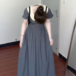 HUAYILING | French Grey Doll Collar Short Sleeve Womens Summer Dress Elegant Waist Cinching Long A-Line Skirt High Waist Sweet Style