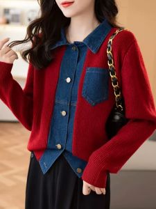 Womens Knit Cardigan Sweater with Patchwork Denim Collar for Spring Autumn 2024 Simple Versatile Button-up Long Sleeve