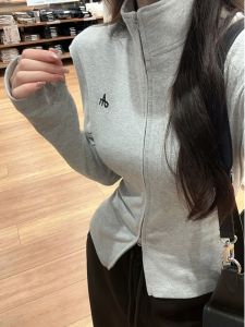 เสื้อคาร์ดิแกนคอปกสูงปานกลางปักลายสำหรับผู้หญิง ฤดูใบไม้ร่วง 2024 เสื้อสเวตเตอร์ทรงสลิมฟิต ซิปคู่ ดีไซน์เกาหลี